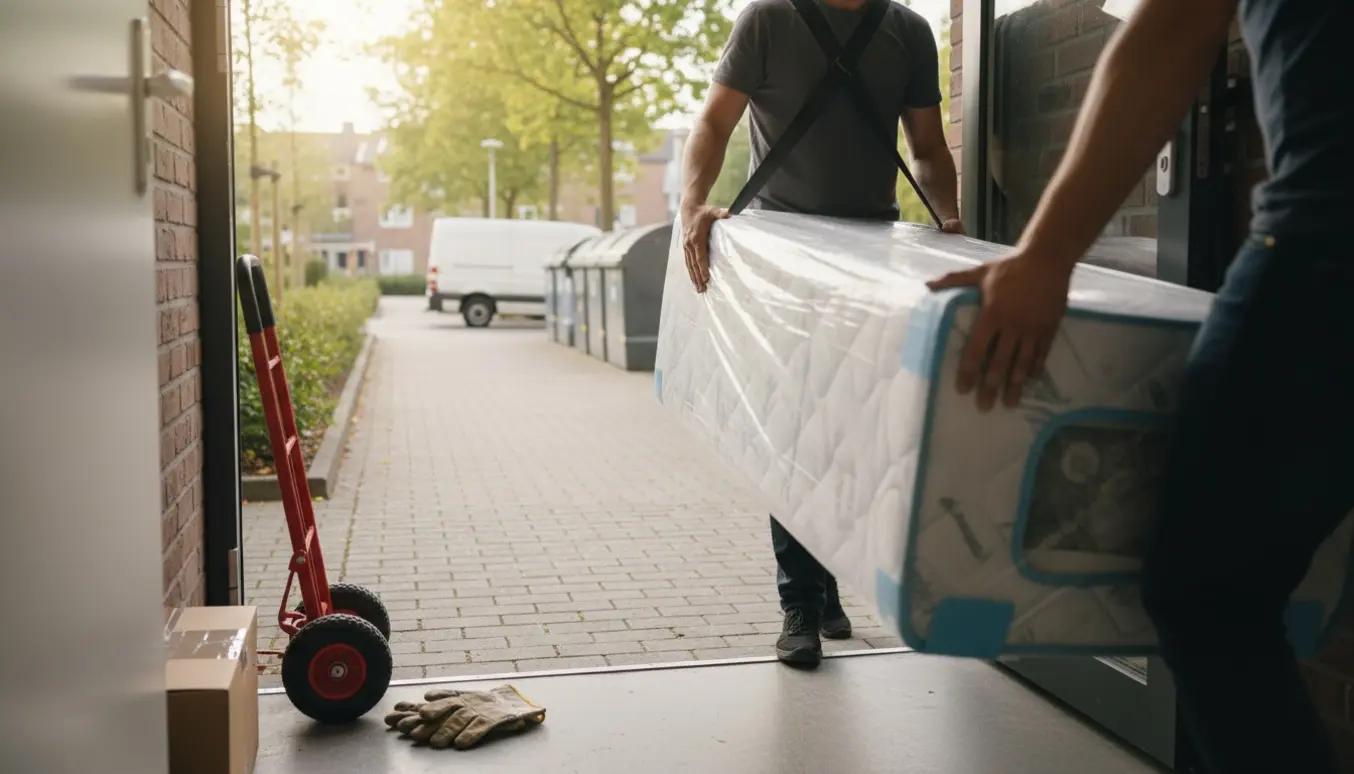 En indpakket boxmadras bæres fra en førstesalsdør langs en gangsti mod en genbrugsplads, uden synlige ansigter.