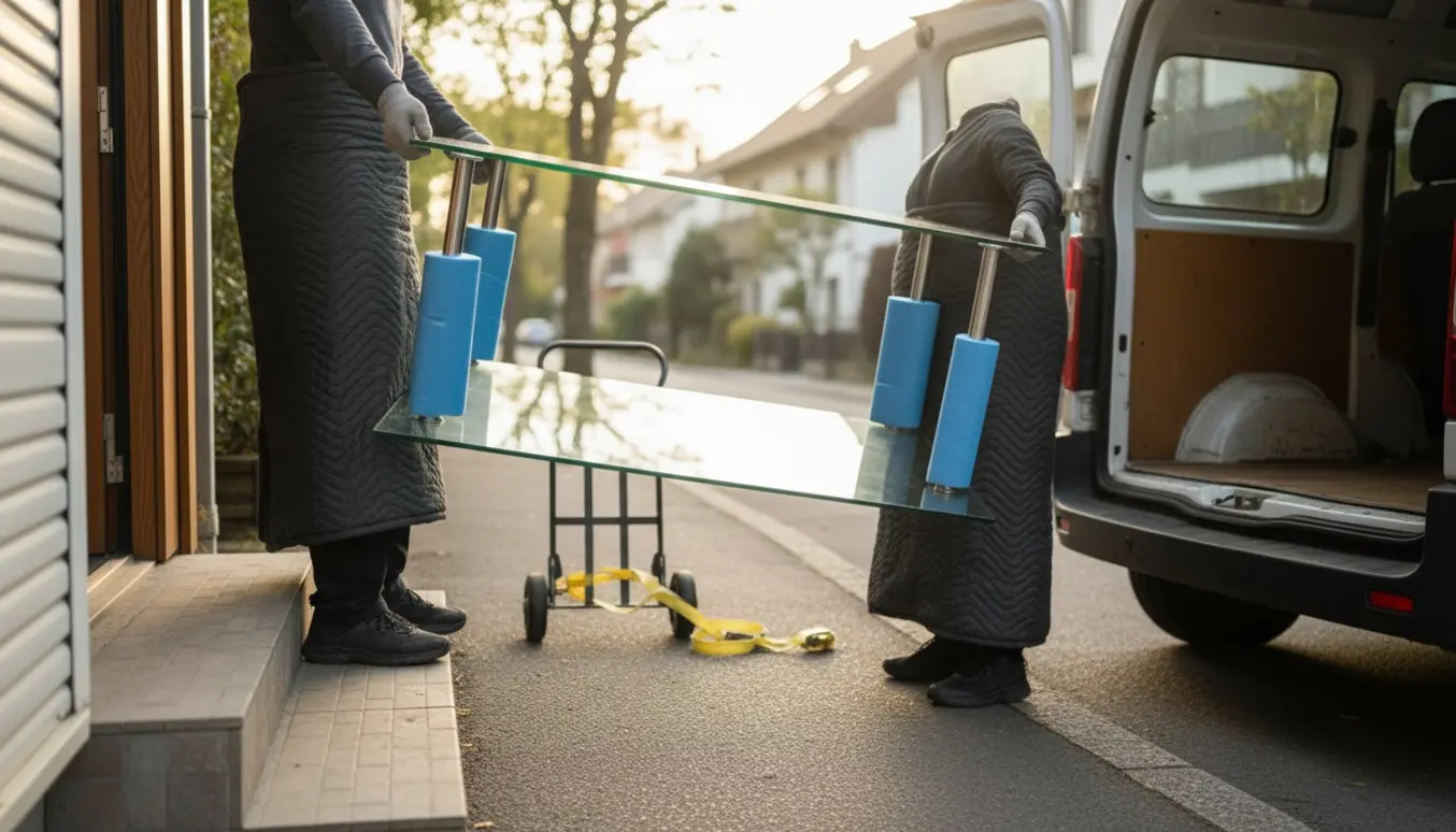 To personer bærer et glasbord ud af en lejlighed og læsser det i en varevogn på fortovet.