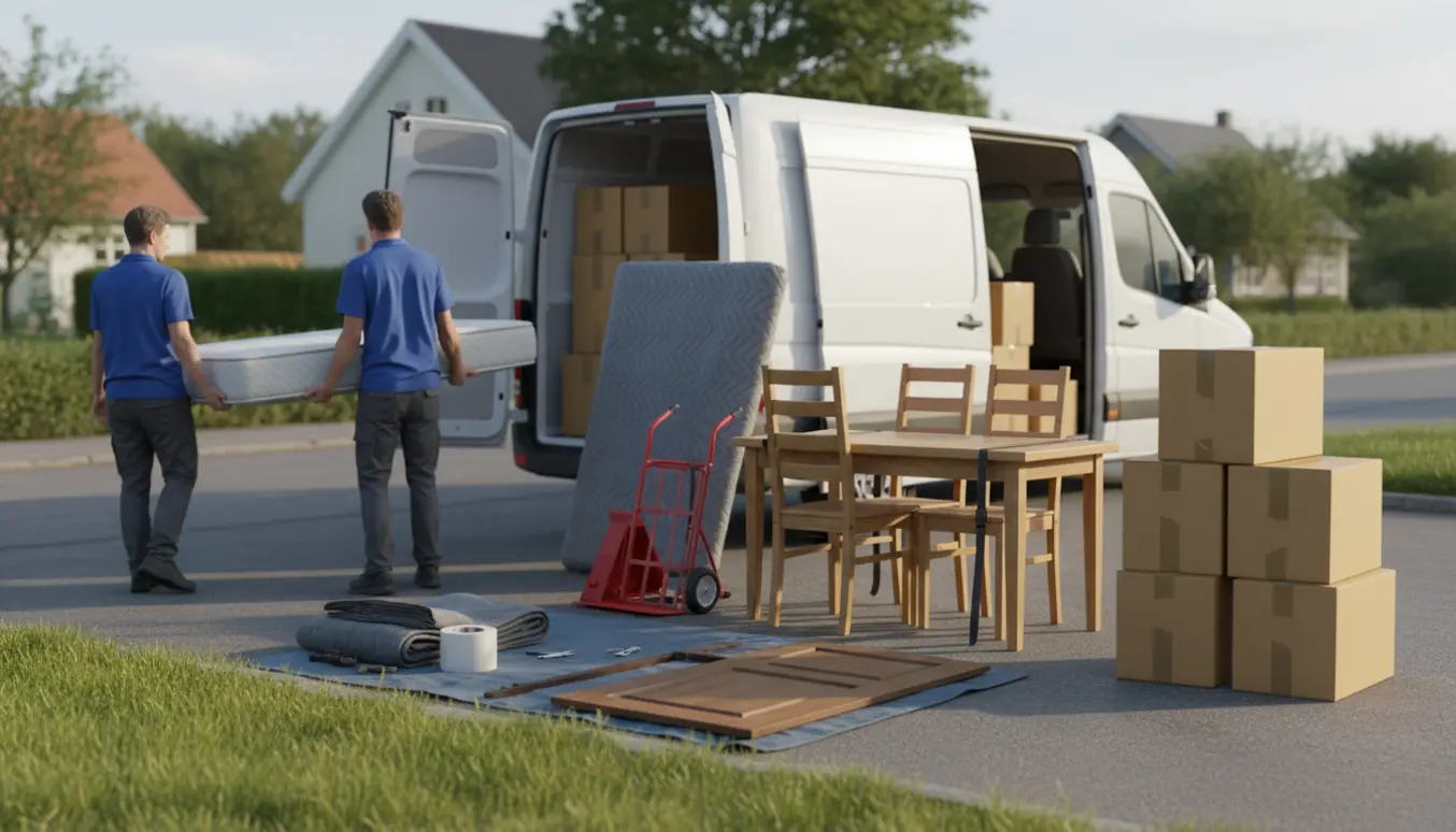 Flyttesituation med madras, bord, stole, adskilt karlekammerskab og seks flyttekasser ved en åben flyttebil.