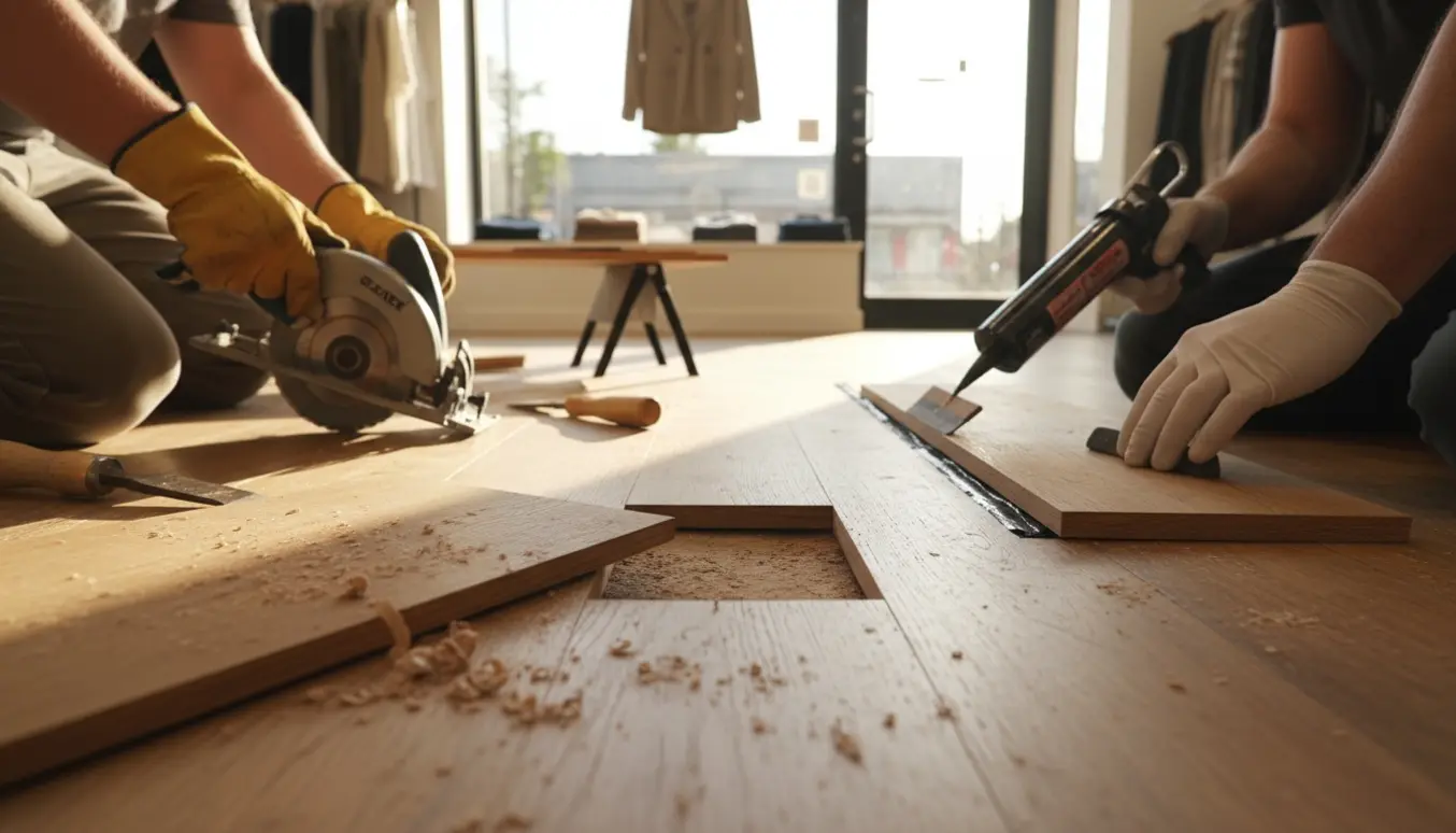 Reparation af trægulv i en butik med et savet plankebræt og påføring af sort silikonefuge.