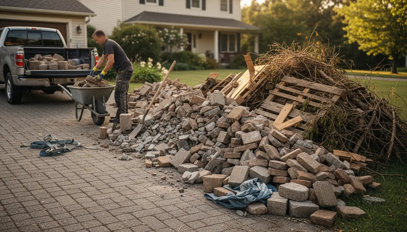 Bunke af SF-sten og blandet træ ved en indkørsel, klar til afhentning.