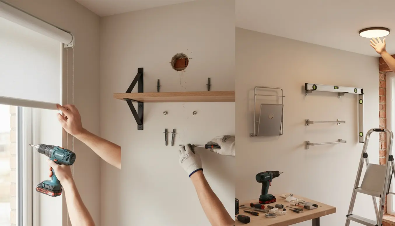 Nærbillede af installation af rullegardin, persienne, loftlampe og hylde på en gipsvæg med værktøj og hænder i arbejde.