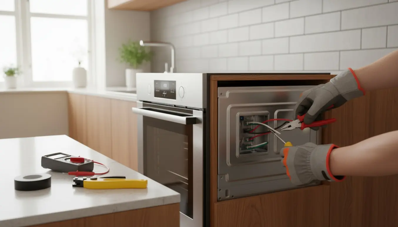 Håndværker tilslutter en ny indbygningsovn til en synlig installationsdåse i et moderne køkken.