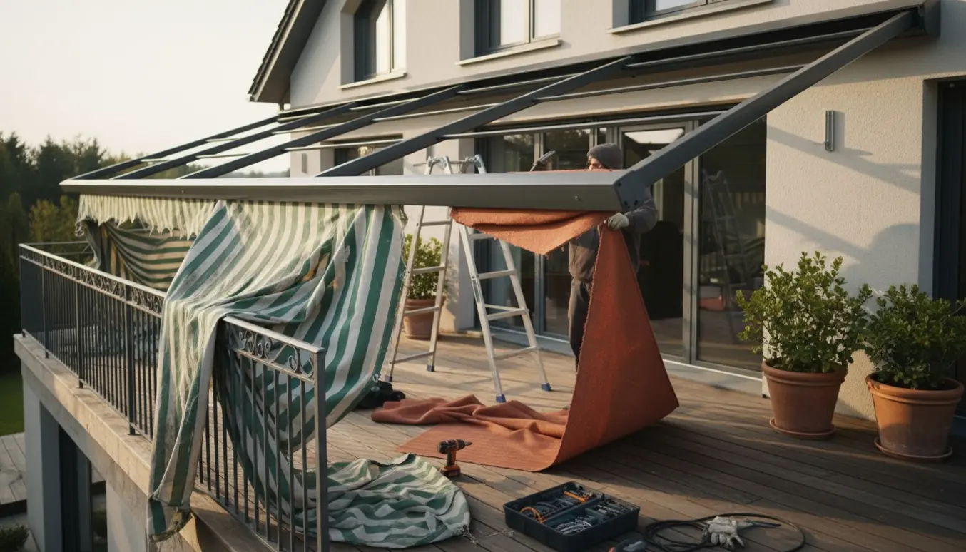 To montører udskifter en gammel markise og monterer en ny over en terrasse.