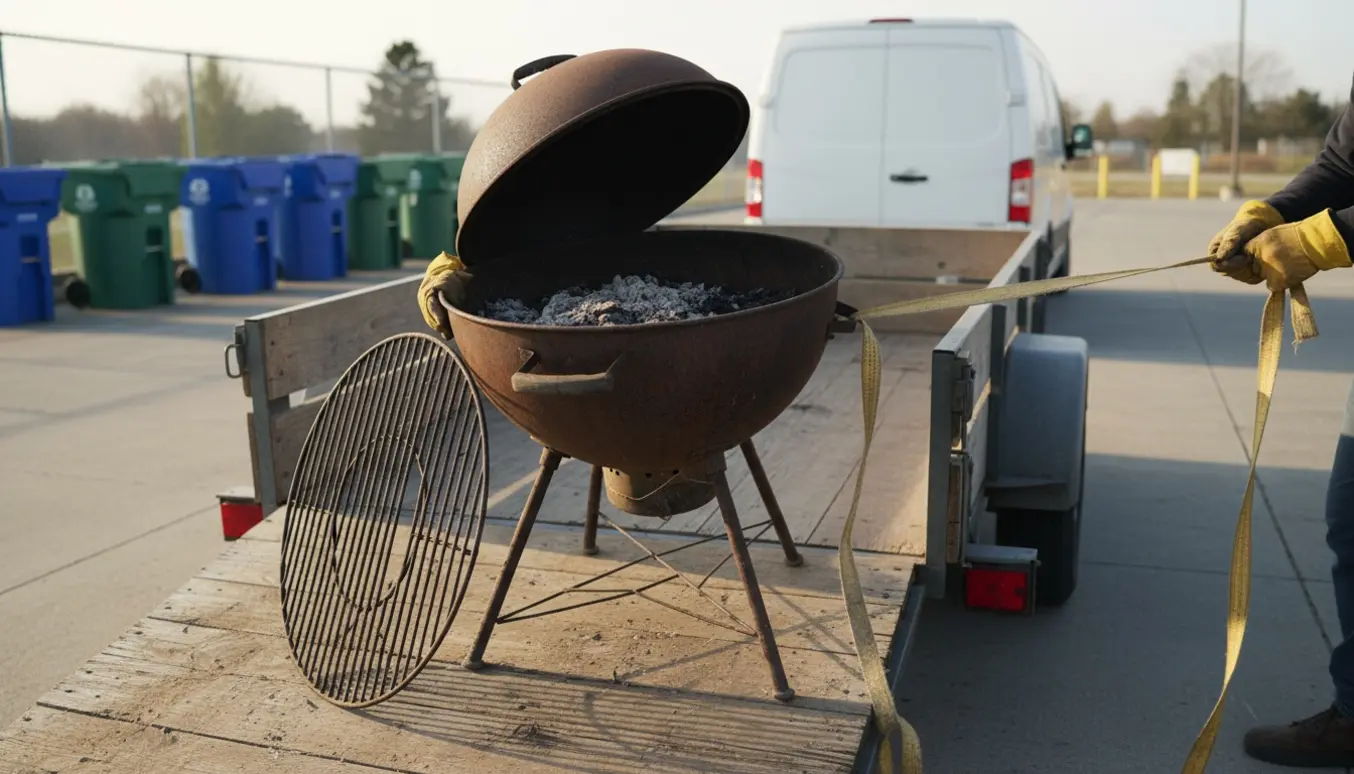 Gammel grill læsses på trailer ved genbrugsplads, hænder og sikringsstropper i fokus.