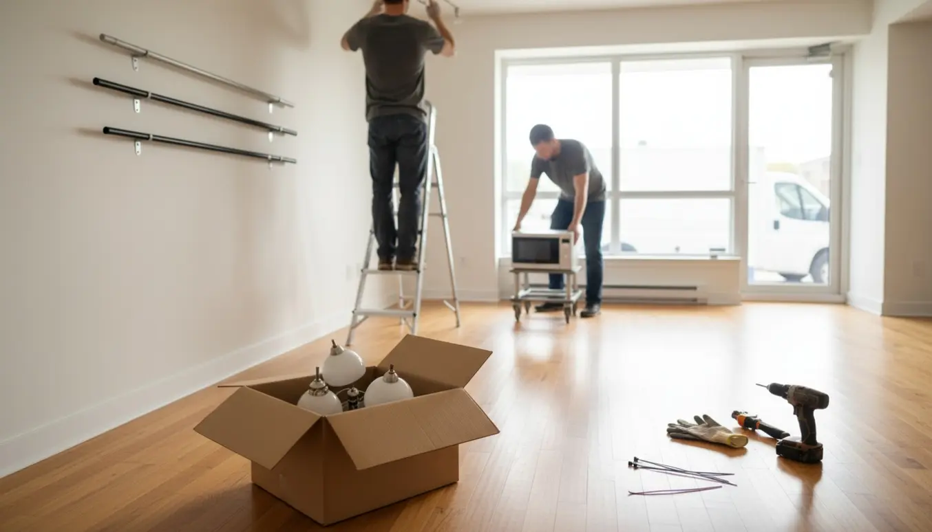 Tom lejlighed med stige, person fjerner loftslampe, gardinstænger og mikroovn på flyttevogn.