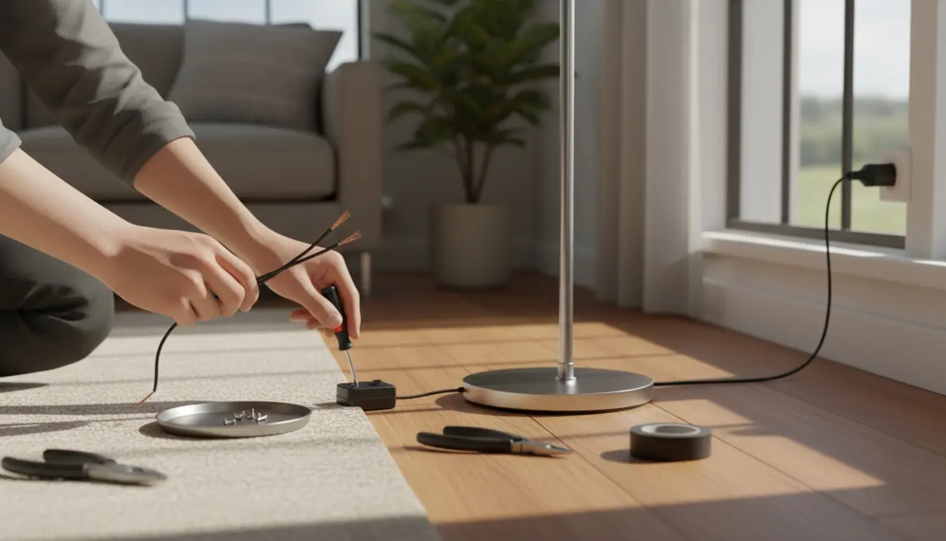 Nærbillede af hænder, der skifter fodafbryder på en standerlampe i en lys og ryddelig stue.