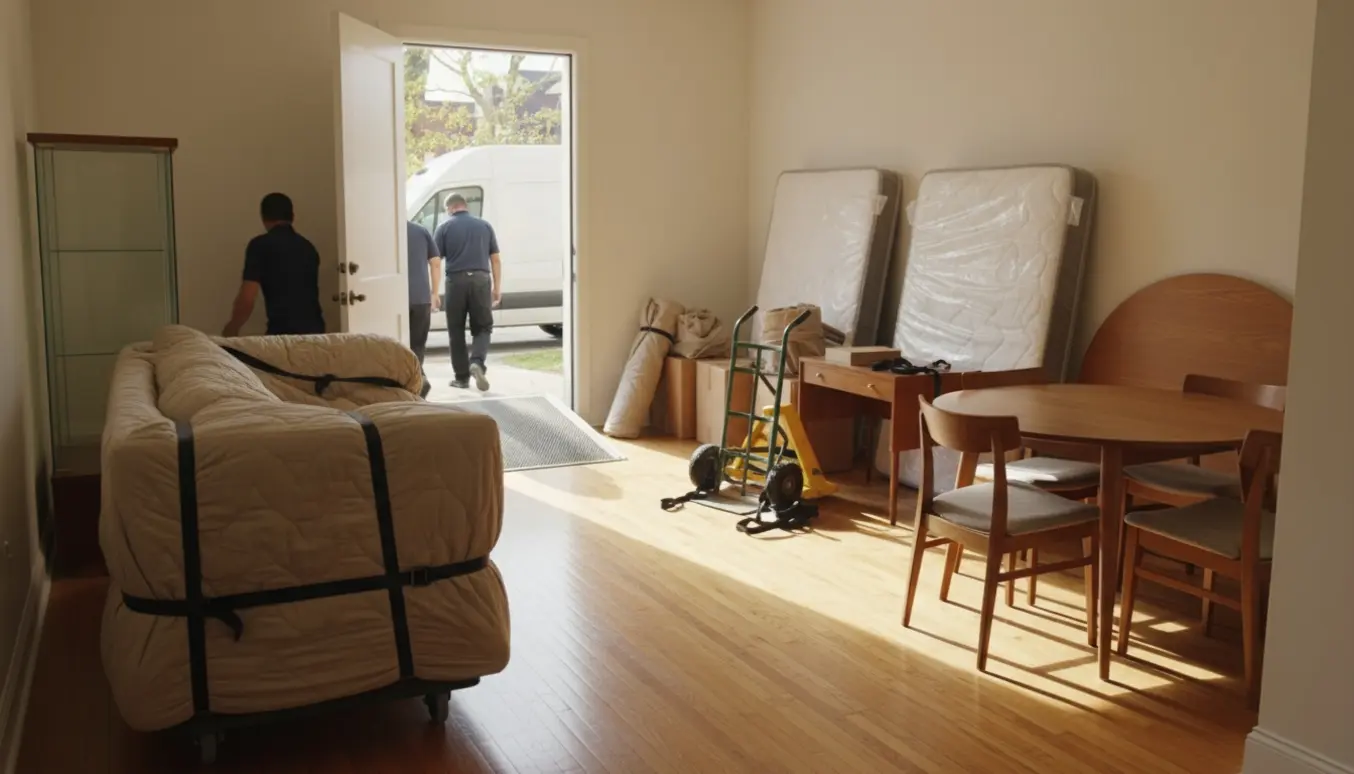 Flyttefolk læsser indpakkede møbler som vitrineskab, sofa, spisebord, madrasser og skriveborde ind i en flyttebil.