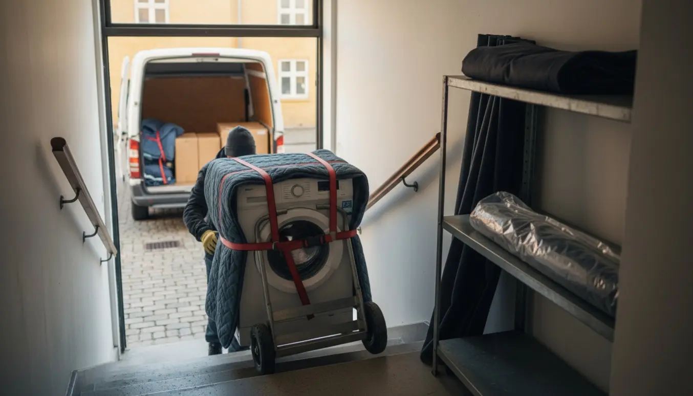 Vaskemaskine på trillebår bæres ned ad trappe med mørklægningsgardiner og flyttevogn uden tydelige ansigter.