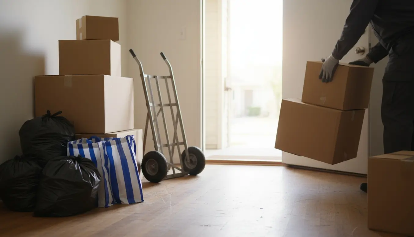 Flyttekasser, sorte sække og blå-hvide poser stående i en lejligheds entré klar til flytning.