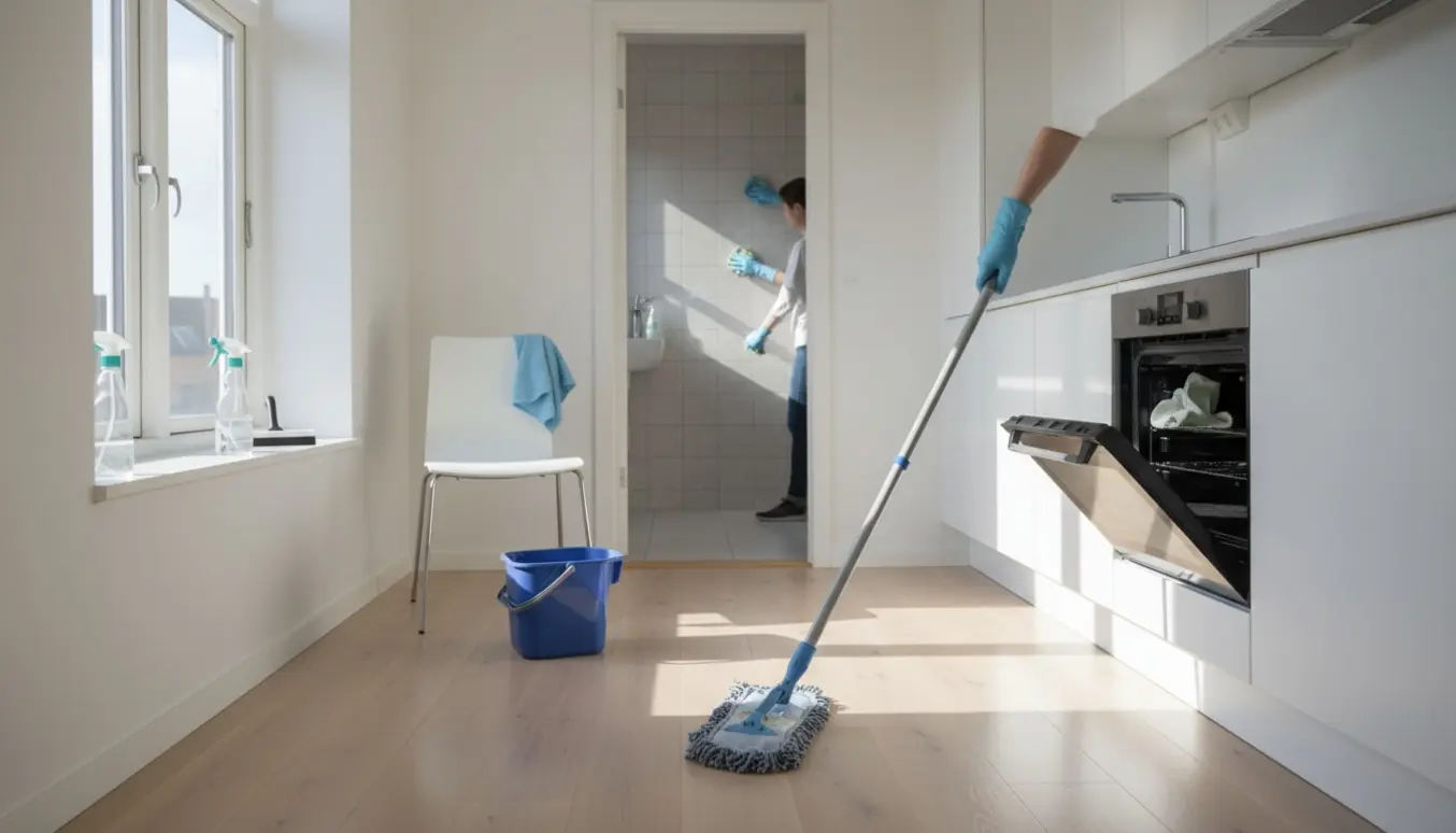 Solbeskinnet Amager-lejlighed under grundig rengøring med glinsende gulv, rengøringsudstyr og handsker i fokus.