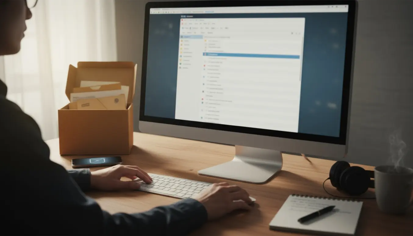Hænder ved tastatur foran en sløret e-mail-skærm og arkivmapper, symboliserer søgning efter gamle mails i Outlook.