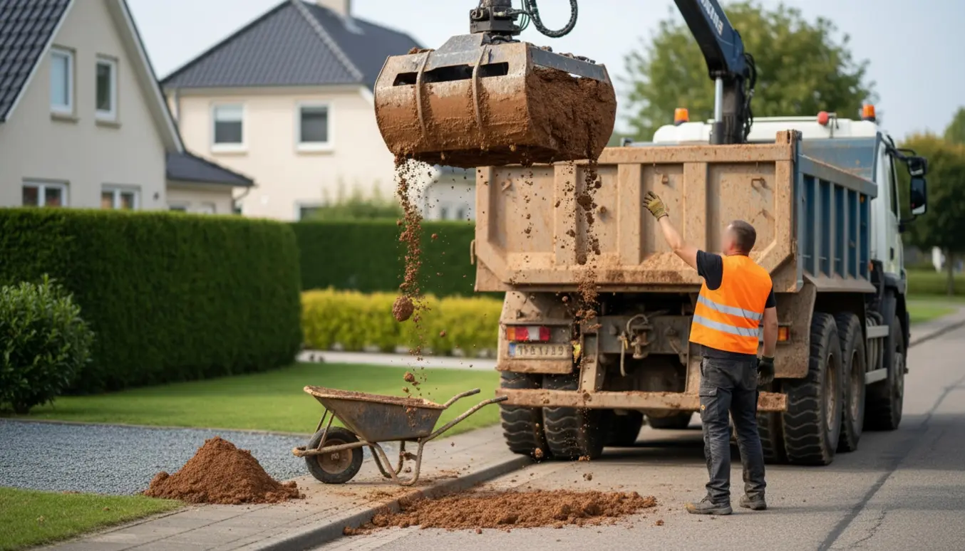 Lerjord bliver læsset med grab op i en lastbil ved en indkørsel, klar til bortkørsel.