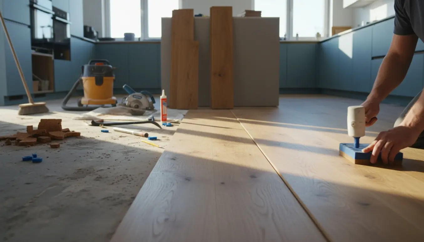 Et køkken under renovering med fjernet korkgulv og installation af nyt egetræsparket, værktøj og stabler af planker.