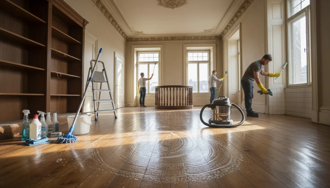 Lys, ældre bolig under hovedrengøring med støvsuger, moppe, handsker og rengøringsmidler.