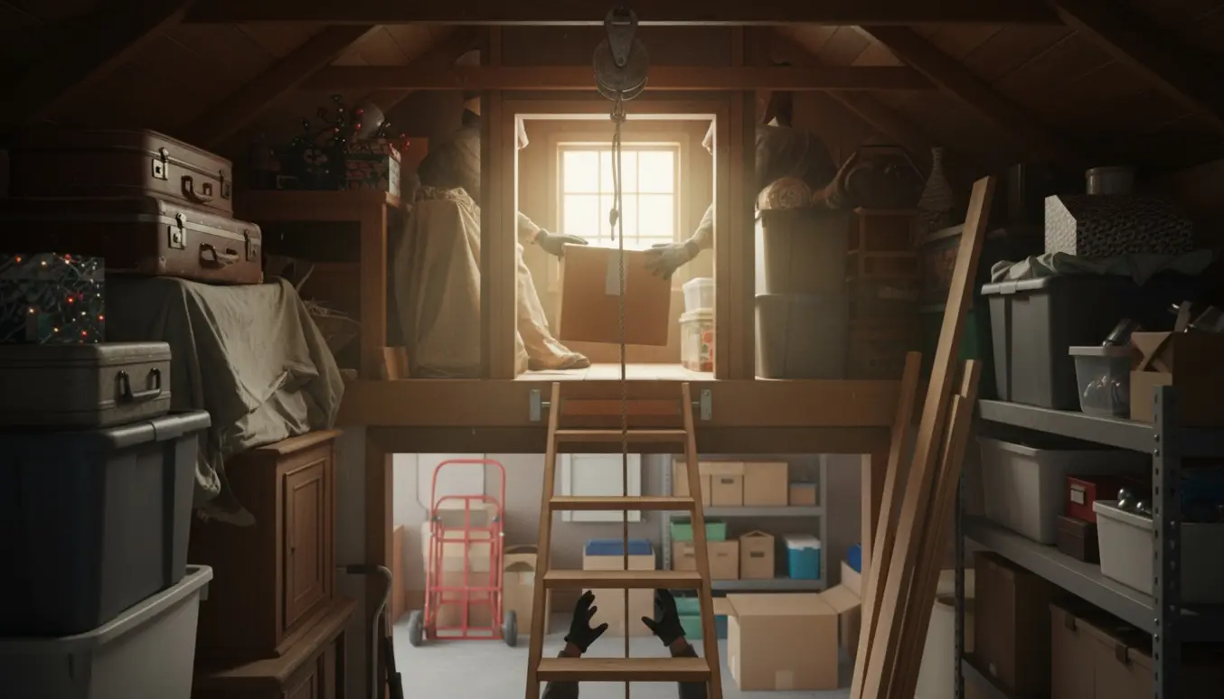 Soloplyst tagrum med en udtrukket loftstige og handsker, der sænker en kasse ned i garagen.