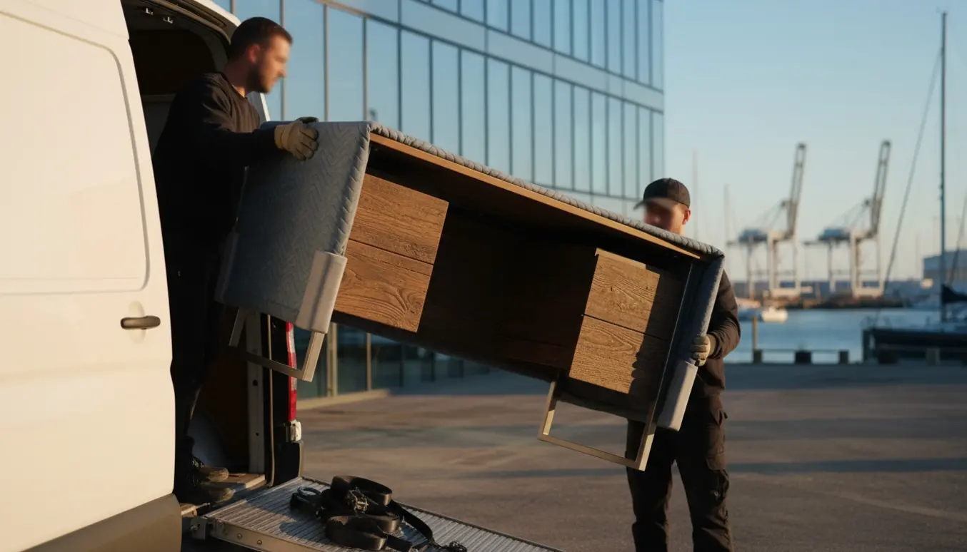 To personer læsser et helt skrivebord ind i en hvid varevogn foran en moderne kontorbygning med havn i baggrunden.