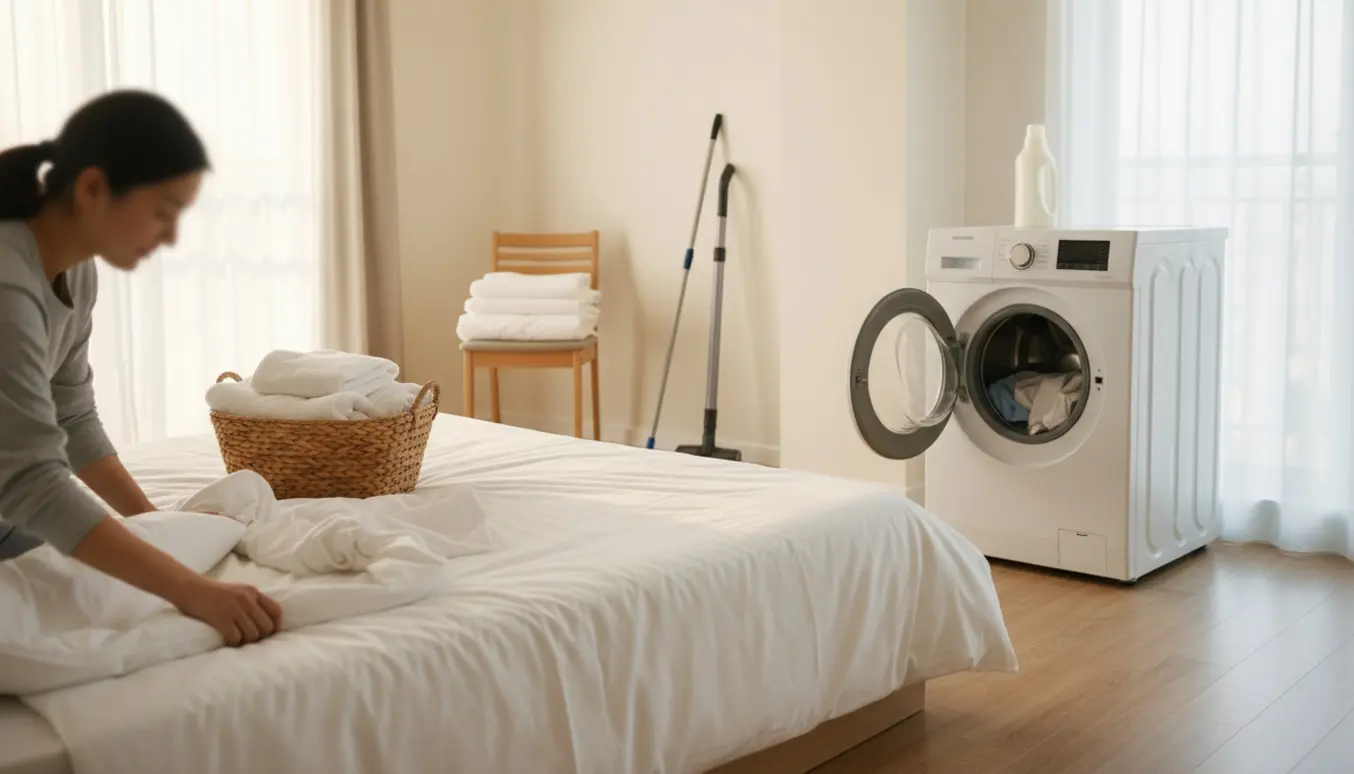 Rengøring i en lys toværelses lejlighed med skift af sengelinned og vaskemaskine i brug.