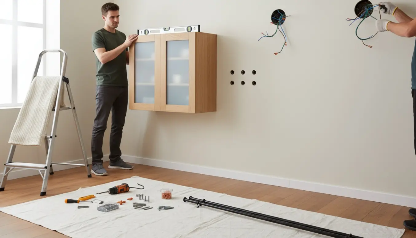 Vægskab justeres på stige, gardinstang og værktøj ligger klar, mens to loftslamper tilsluttes i et lyst værelse.
