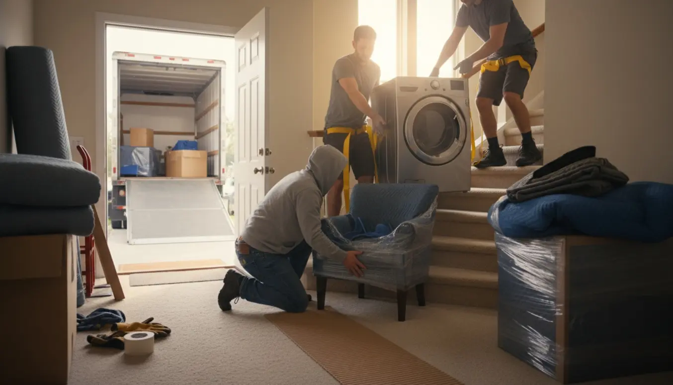 Flyttefolk bærer en vaskemaskine ned ad en trappe med møbler indpakket og en åben flyttebil foran huset.