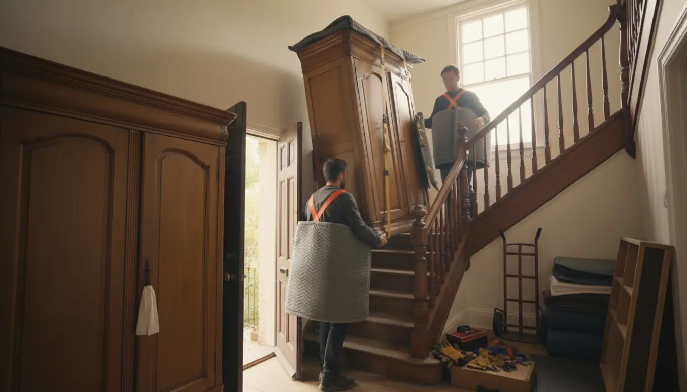 To personer bærer et stort klædeskab op ad en smal trappe fra et udhus, mens en reol bæres ned.