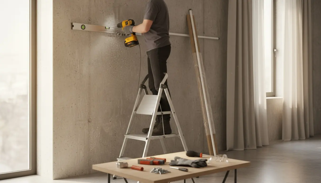 Opsætning af hvid gardinstang på en hård betonvæg med boremaskine og værktøj.