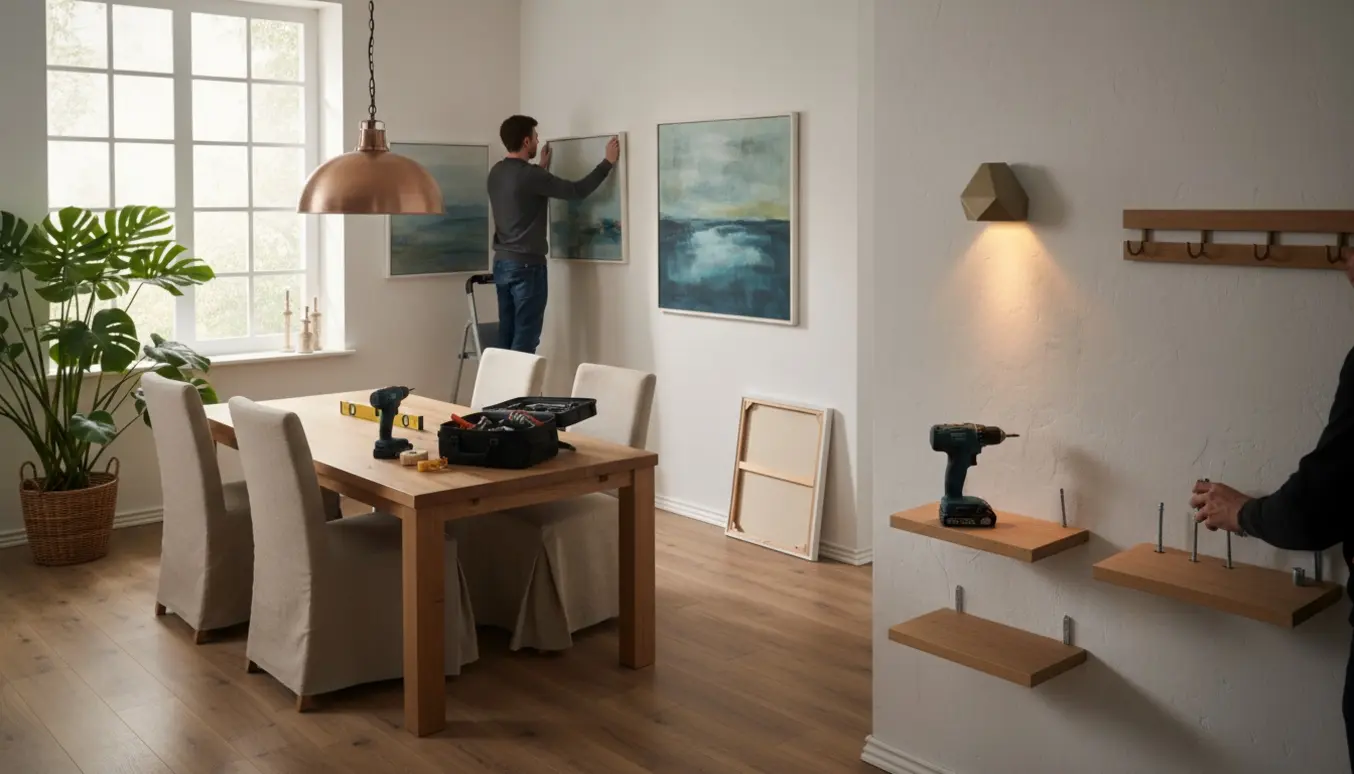 Installation af pendel over spisebord og ophængning af malerier og små reoler med boremaskine og værktøj i et indbydende hjem.