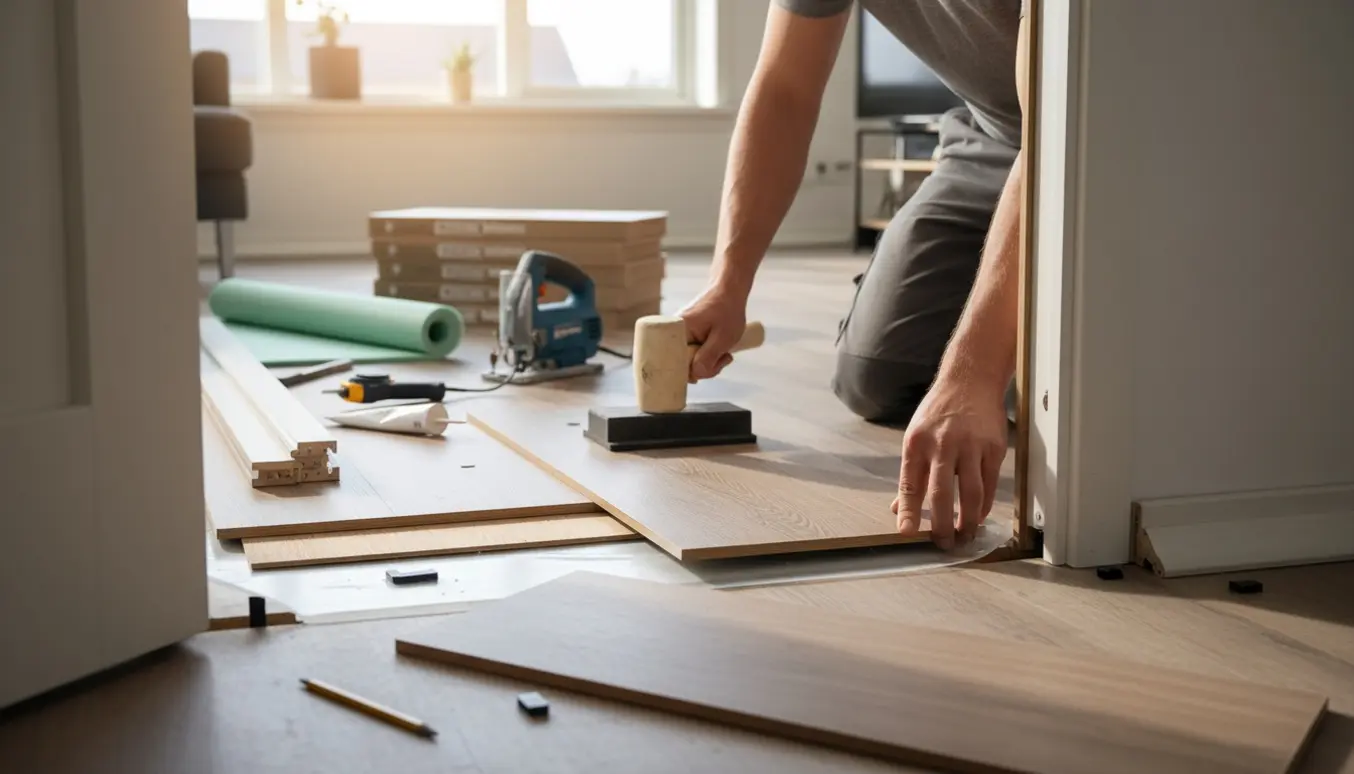 En håndværker lægger Moland Bastion vinyl klikgulv og forbereder fejelister i en lys lejlighed.