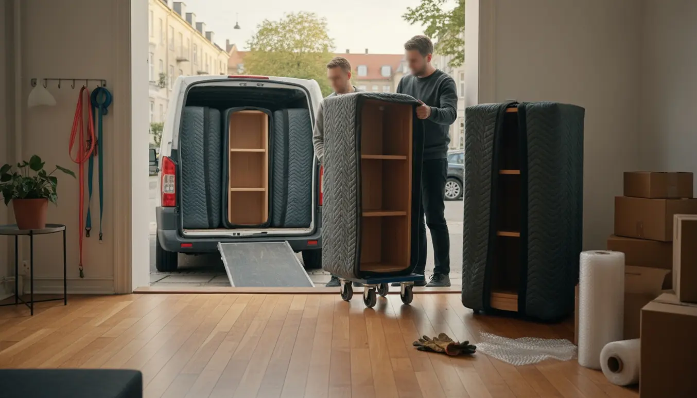 Fem kompakte reoler pakkes og læsses i en varevogn på en københavnsk gade i sen eftermiddag.