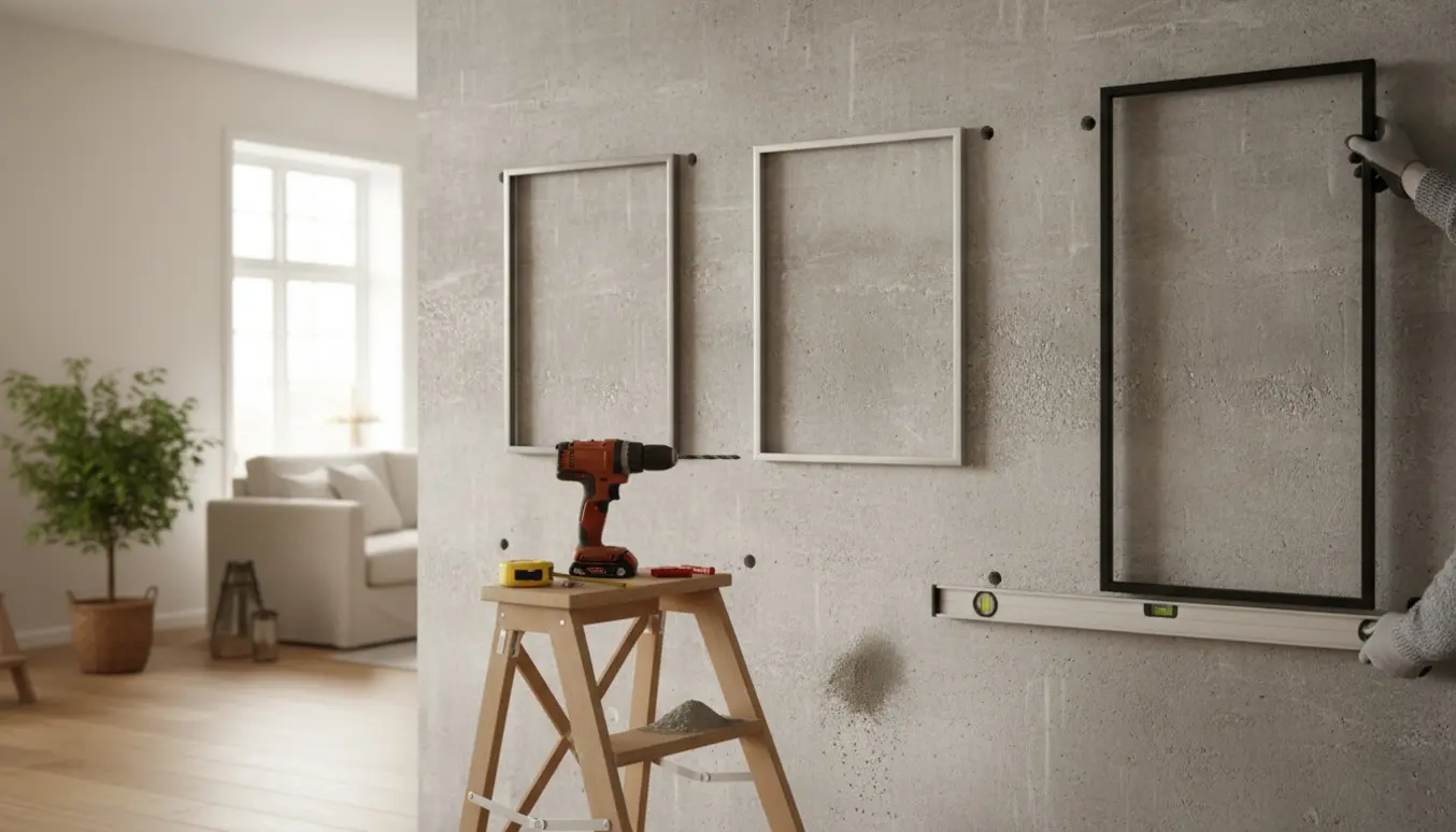 Tre billedrammer hænges op på en rå betonvæg i en lys, skandinavisk lejlighed med værktøj i forgrunden.