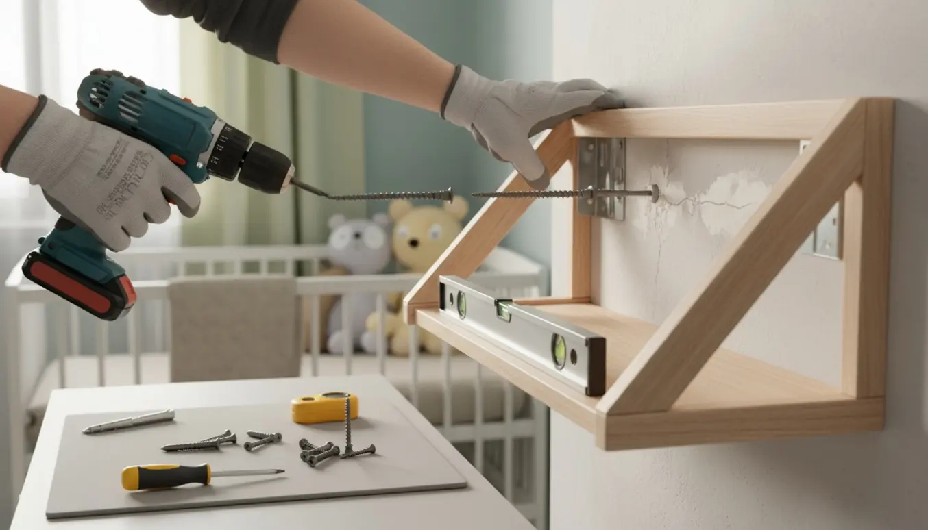 Hænder monterer et væghængt puslebord på en gipsvæg med rawlplugs, skruer og boremaskine.