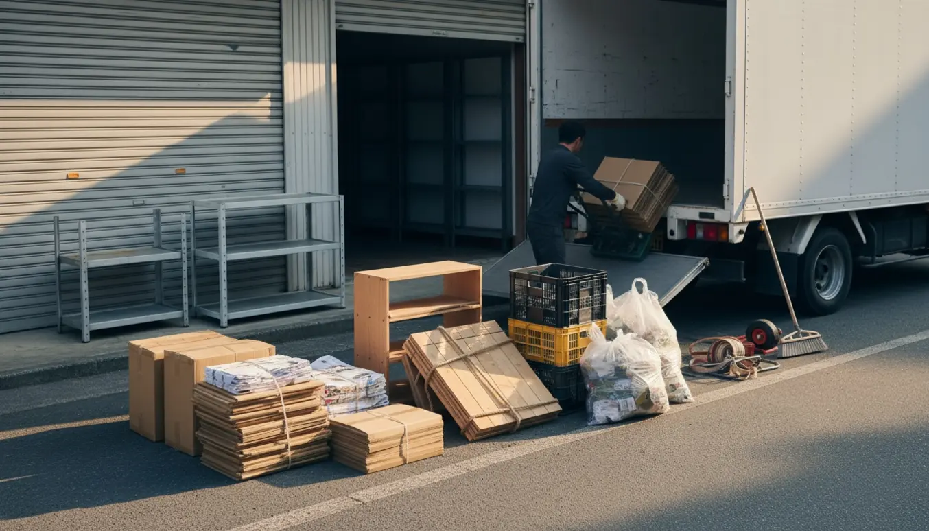 Sorterede bunker af pap, træ og plastik uden for en lukket butik klar til afhentning med en lastbil.