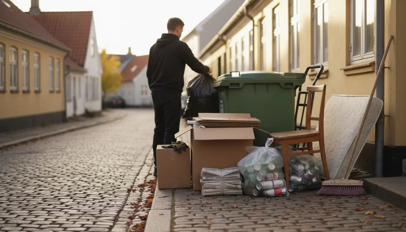 Person lægger en skraldepose i en kommunal container på en villavej i Græsted med sorterede affaldsstakke ved siden af.