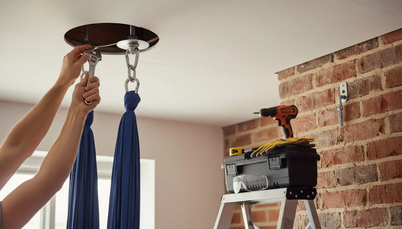 Nærbillede af ophængning af en aerial yoga-gynge i gips/murstensloft med værktøj og beslag.