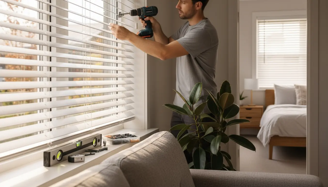 Hænder monterer persienner i stuen med værktøj på vindueskarmen og soveværelse i baggrunden.