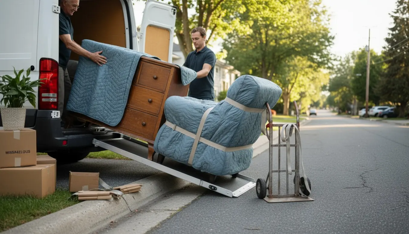 To tunge møbler pakkes og løftes ind i en flyttevogn parkeret foran en bolig, med tæpper og sækkevogn, uden synlige ansigter.