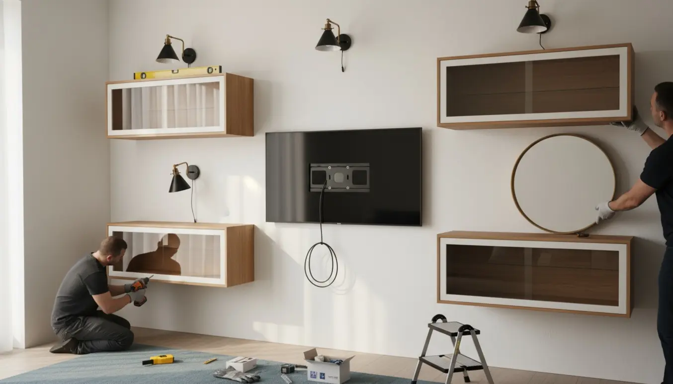 Håndværker monterer vitrineskabe, tv, spejl og væglamper i en moderne stue.