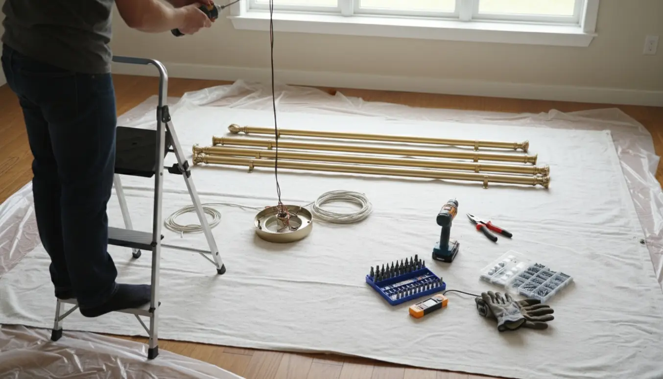 Hænder på en trinladder fjerner en loftslampe, mens en afmonteret lampe og fire gardinstænger ligger på et beskyttelseslag ved vinduet.