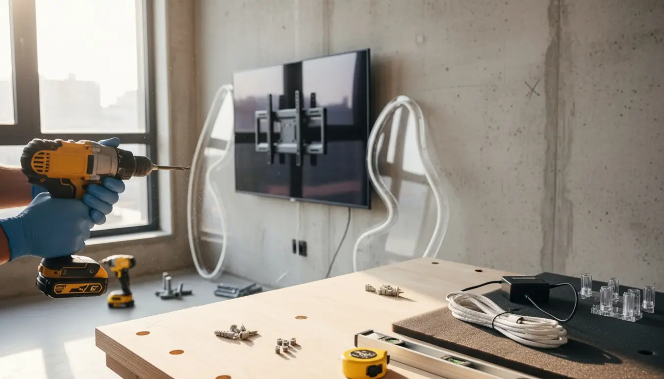 Arbejdshandsker og bor ved en betonvæg klar til montering af et todelt LED/neon-skilt ved siden af et vægmonteret TV.