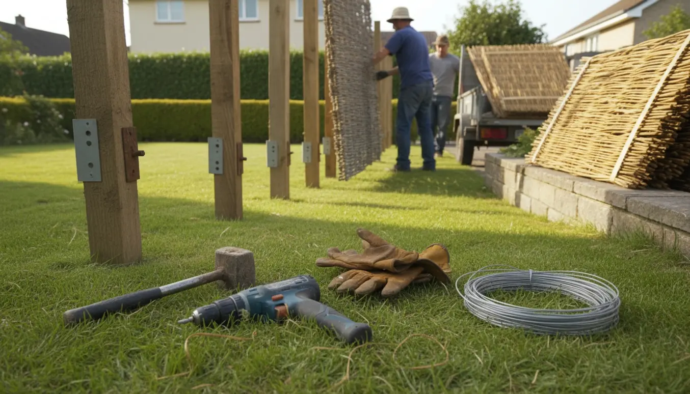 Håndværkere fjerner gammelt pileflethegn og sætter nye pilefletpaneler op med genbrugte stolper i en forhave.