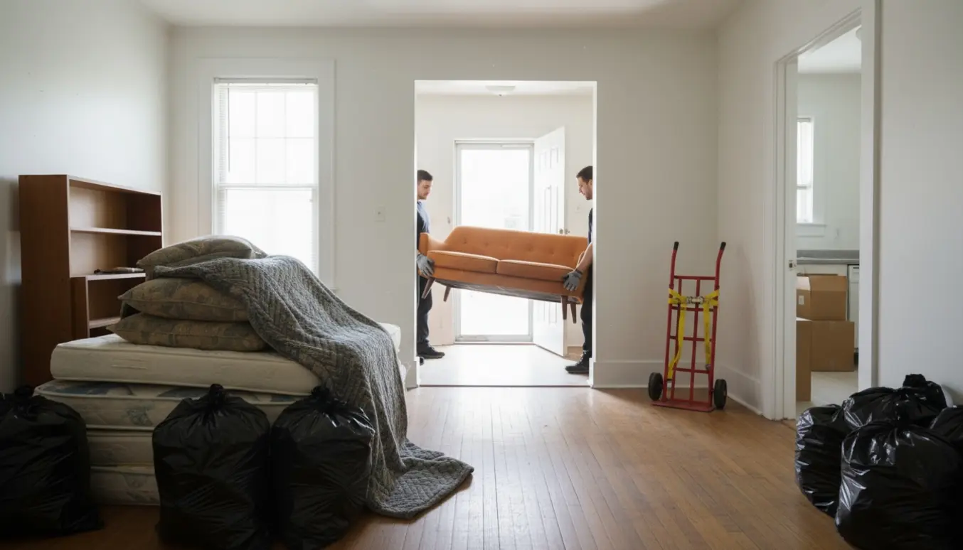 Solsfyldt lejlighed med møbler, sække og flytteudstyr samlet klart til bortskaffelse, flyttefolk bærer en sofa ud.