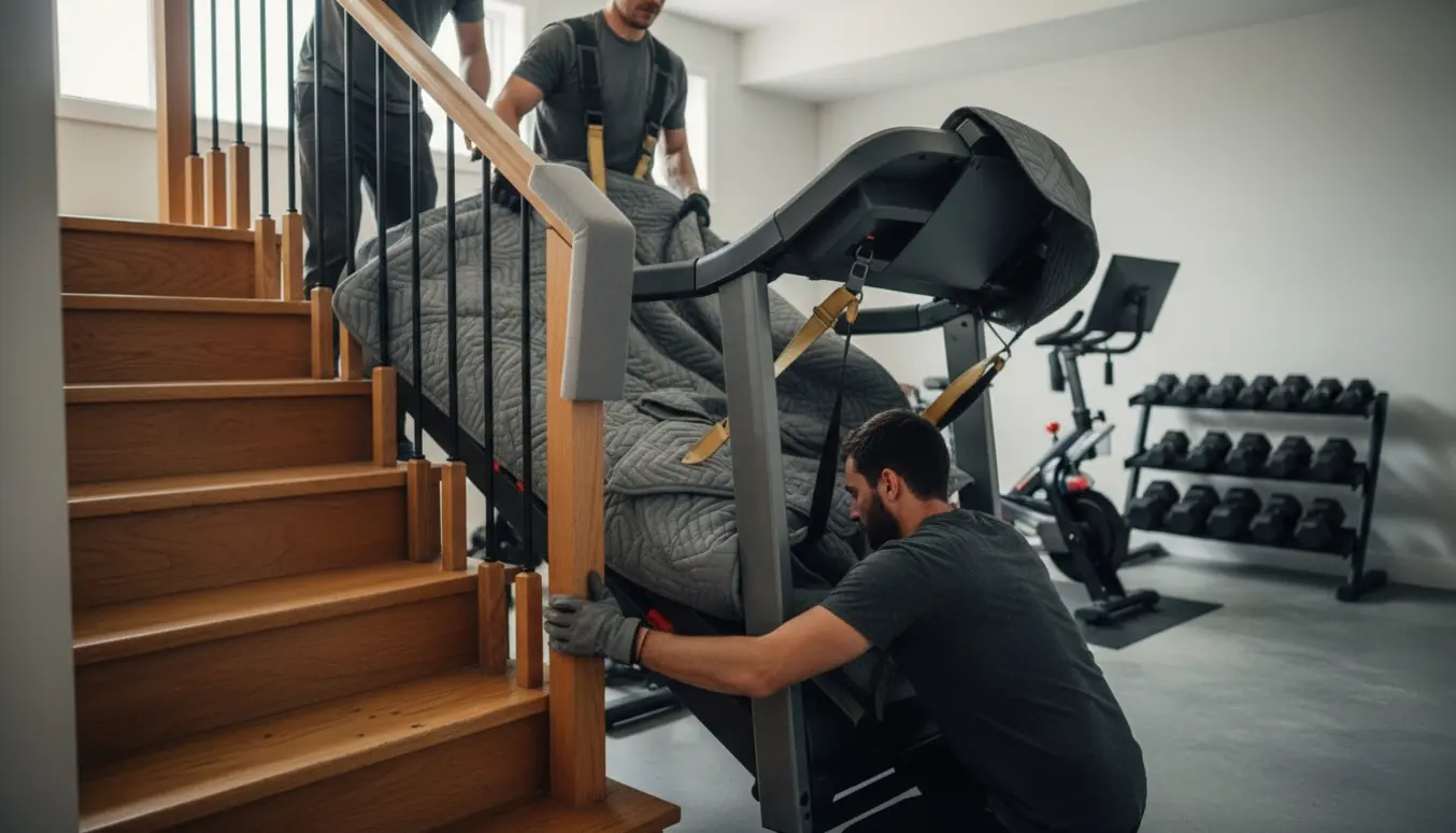 Tre personer bærer et langt, polstret løbebånd ned ad en smal trappe ind i et kældermotionsrum.