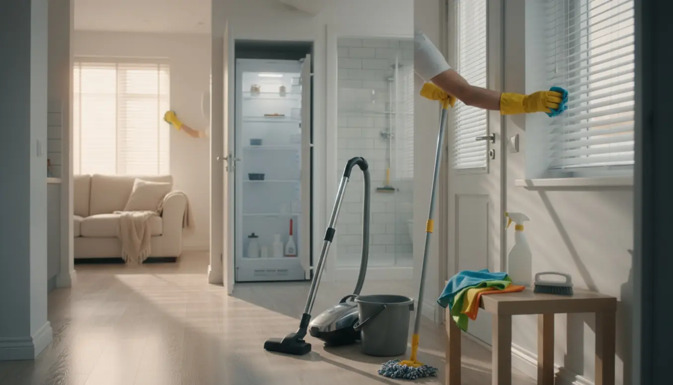 Lys lejlighed med rengøringsudstyr og handsker, hvor en hånd aftørrer dørkarmen og køkken og skinnende badeværelse ses i baggrunden.