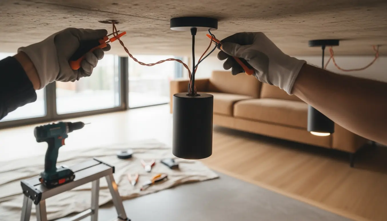 Nærbillede af hænder, der monterer og tilslutter to pendellamper i et råt betonloft.