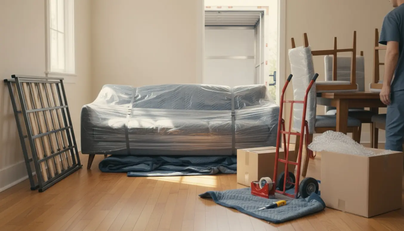 Tom lejlighed midt i flytning med pakket sofa, sengestel, bord, stole og et par flyttekasser i dagslys.