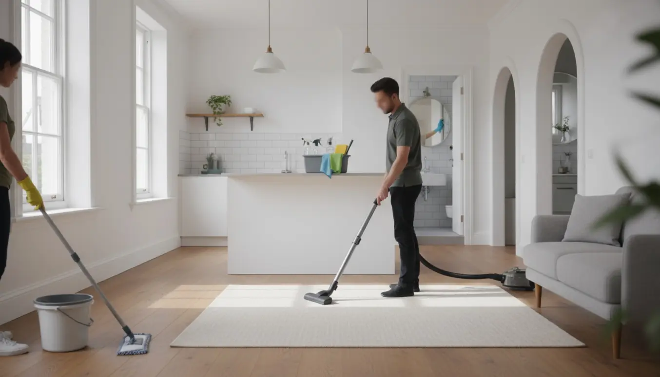 Hyggeligt rækkehusinteriør med rengøringsudstyr og hænder, der støvsuger, vasker gulv og pudser vinduer.