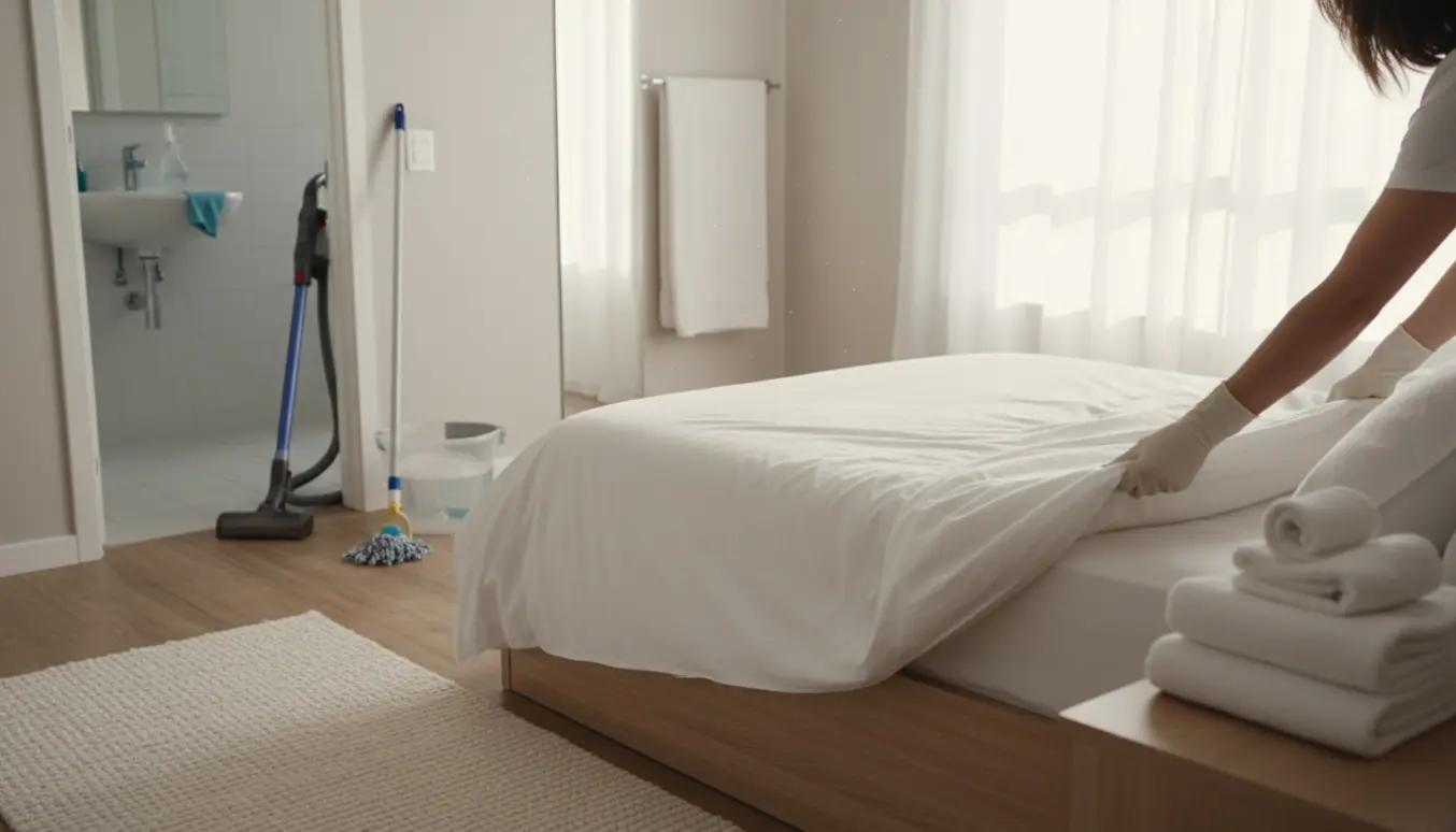 Hænder skifter sengetøj i en lys korttidsudlejningslejlighed med støvsuger, moppe og friske håndklæder.