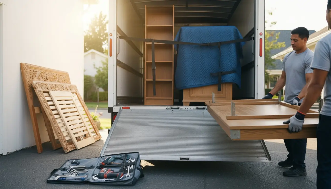 Åben varevogn med møbler, tæpper og værktøj under lastning, med hænder og arme i arbejde uden synlige ansigter.