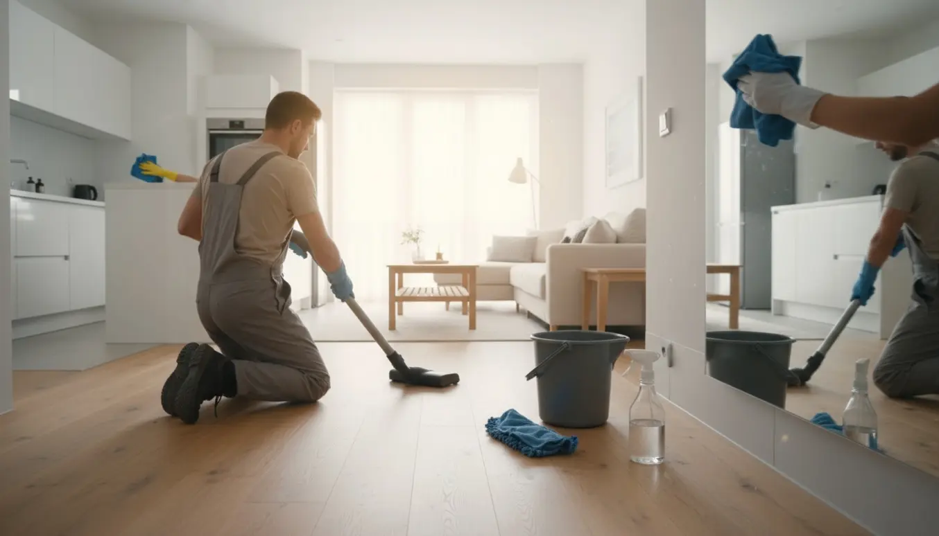 Rengøringshjælp støvsuger og tørrer overflader i en lys, moderne lejlighed.
