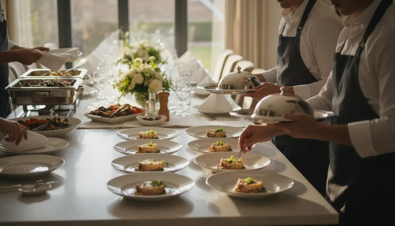 Tjenere anretter og serverer mad i et hjemmekøkken til en konfirmationsmiddag med et langt opdækket bord i baggrunden.
